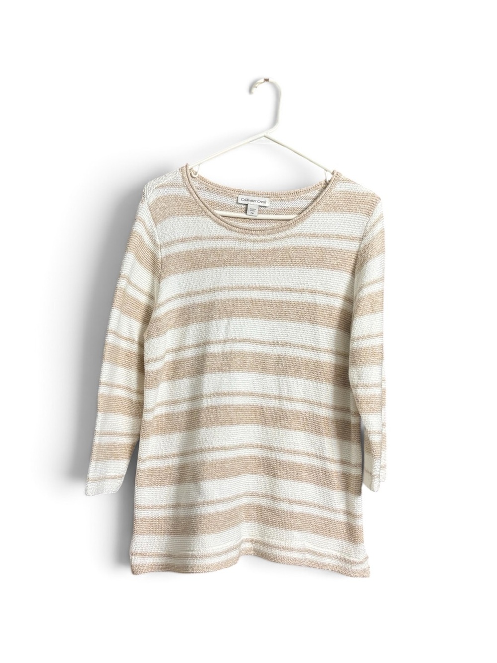 Coldwater Creek Cream, Tan  and white Striped 3/4 sleeves cotton sweater
